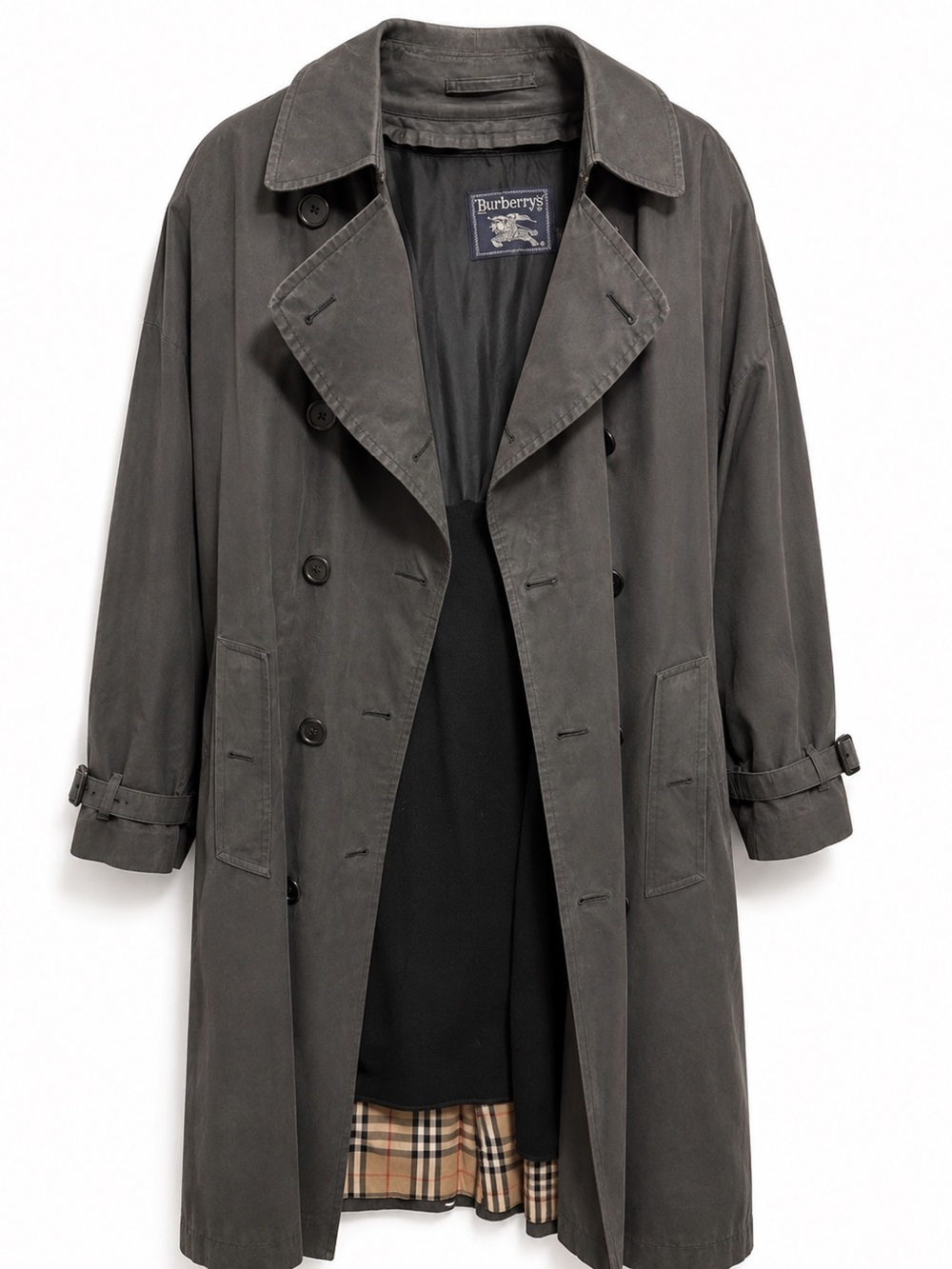 Burberry- Vintage Men’s Double Breasted Charcoal Trench Coat. Size 46/XL